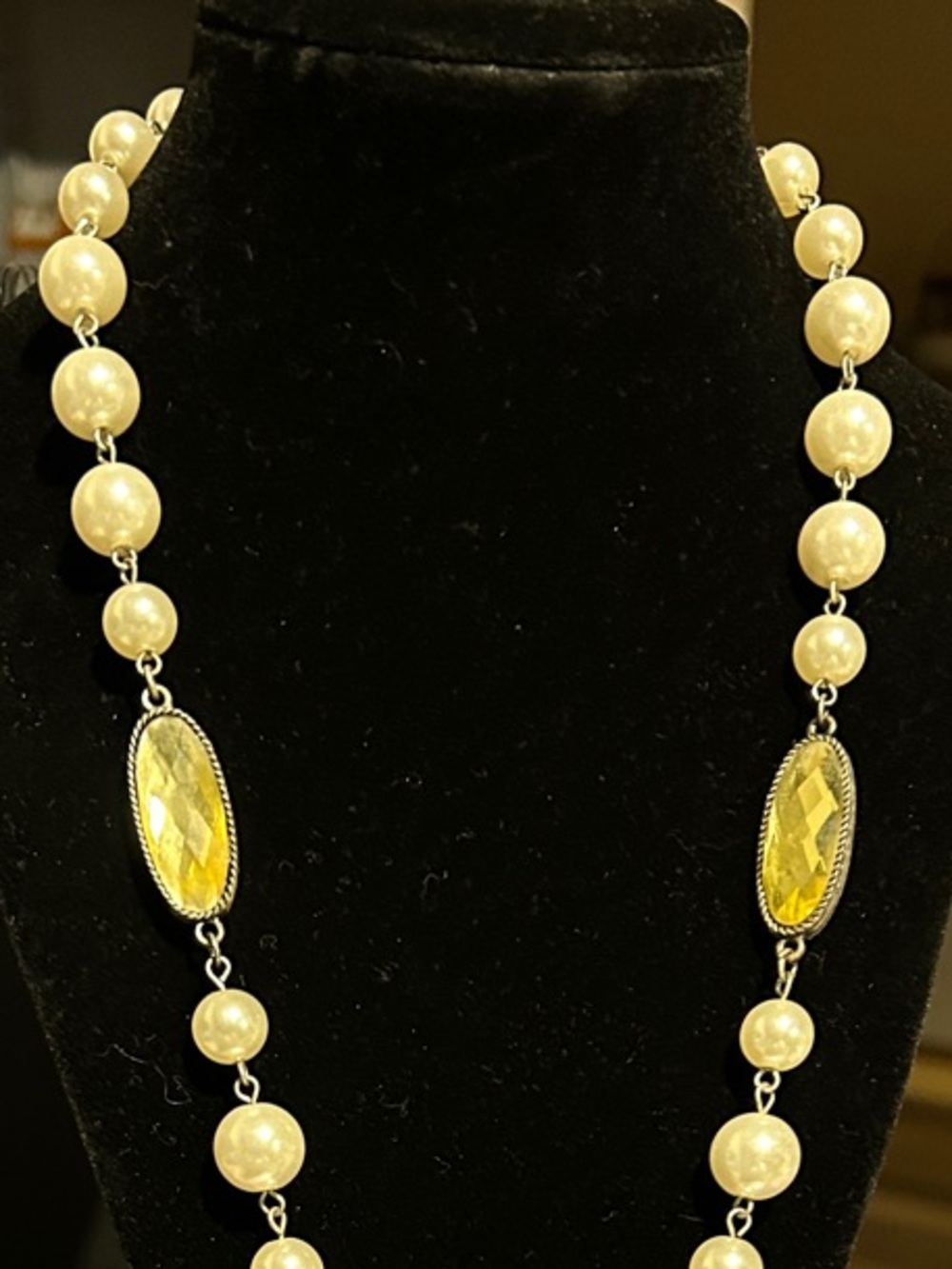 Pearl and Yellow Crystal Long Necklace